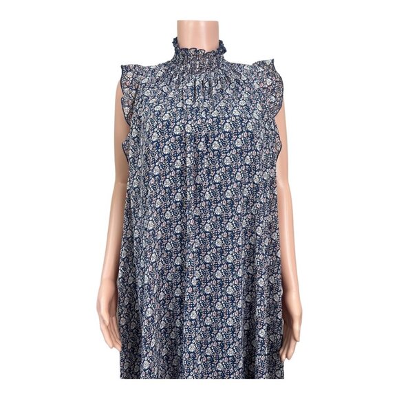 CODExMODE Women SZ M Navy Blue Floral A Line Knee Lenght Dress High Neck Chiffon - Picture 10 of 15